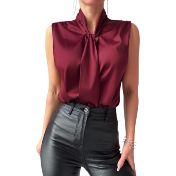 Women's Silk Satin Bow Tie Knot Mock Neck Sleeveless Blouse Top - Picture 1 of 8